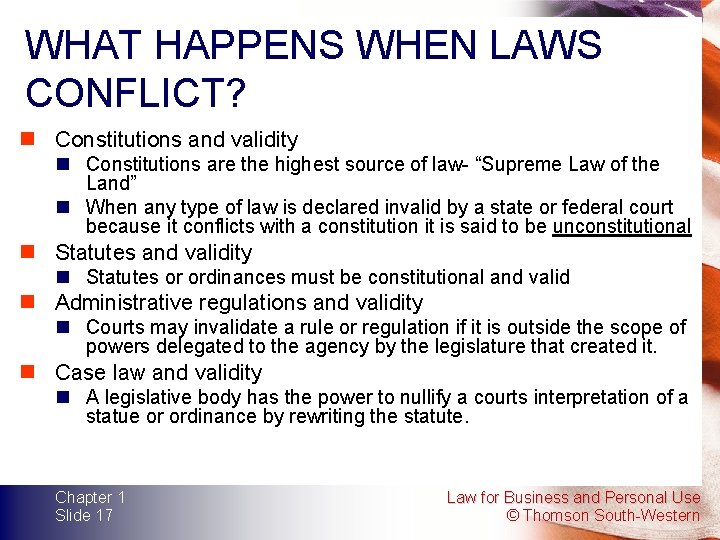 WHAT HAPPENS WHEN LAWS CONFLICT? n Constitutions and validity n Constitutions are the highest