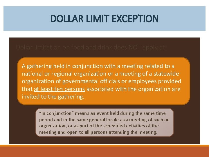 DOLLAR LIMIT EXCEPTION Dollar limitation on food and drink does NOT apply at: A