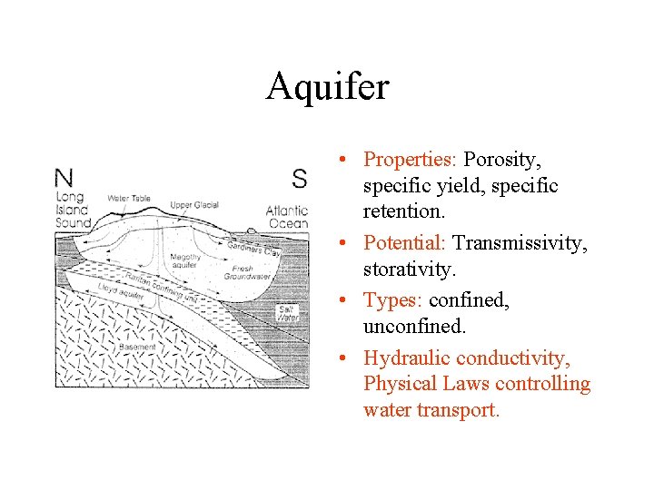 Aquifer • Properties: Porosity, specific yield, specific retention. • Potential: Transmissivity, storativity. • Types: