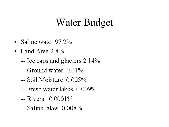Water Budget • Saline water 97. 2% • Land Area 2. 8% -- Ice