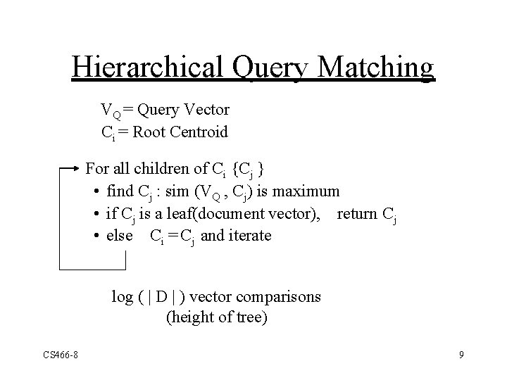 Hierarchical Query Matching VQ = Query Vector Ci = Root Centroid For all children