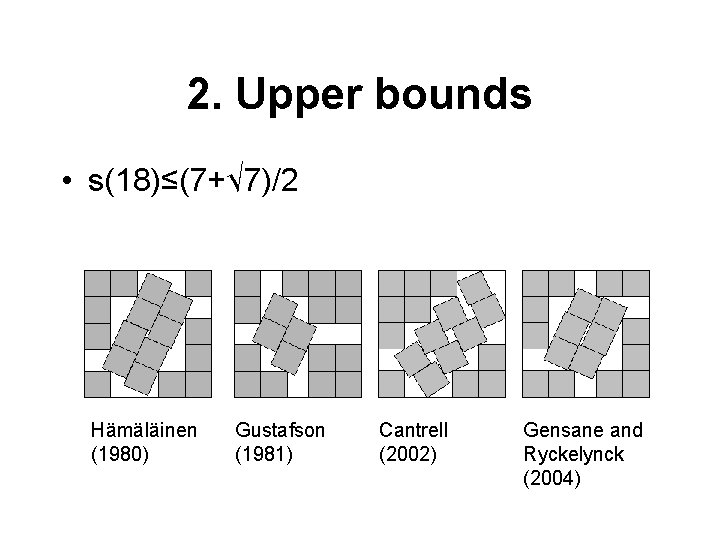 2. Upper bounds • s(18)≤(7+√ 7)/2 Hämäläinen (1980) Gustafson (1981) Cantrell (2002) Gensane and