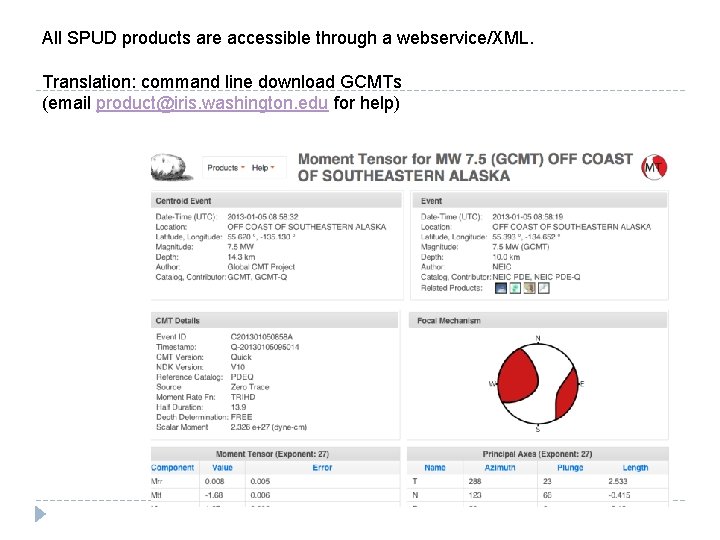 All SPUD products are accessible through a webservice/XML. Translation: command line download GCMTs (email