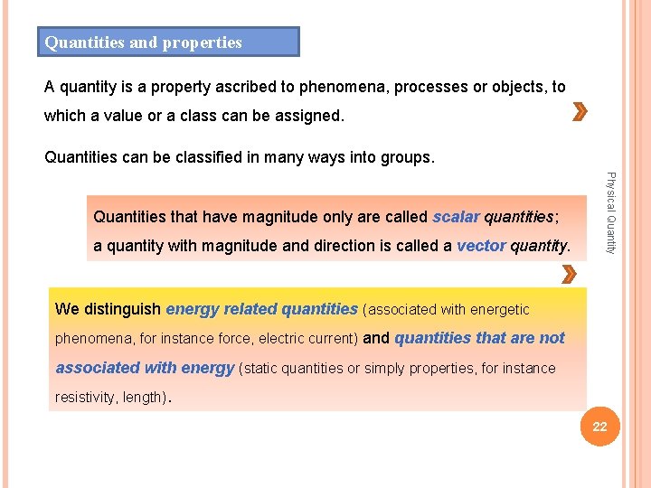 Quantities and properties A quantity is a property ascribed to phenomena, processes or objects,