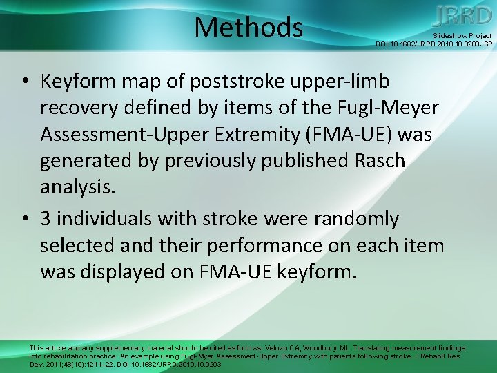 Methods Slideshow Project DOI: 10. 1682/JRRD. 2010. 0203 JSP • Keyform map of poststroke