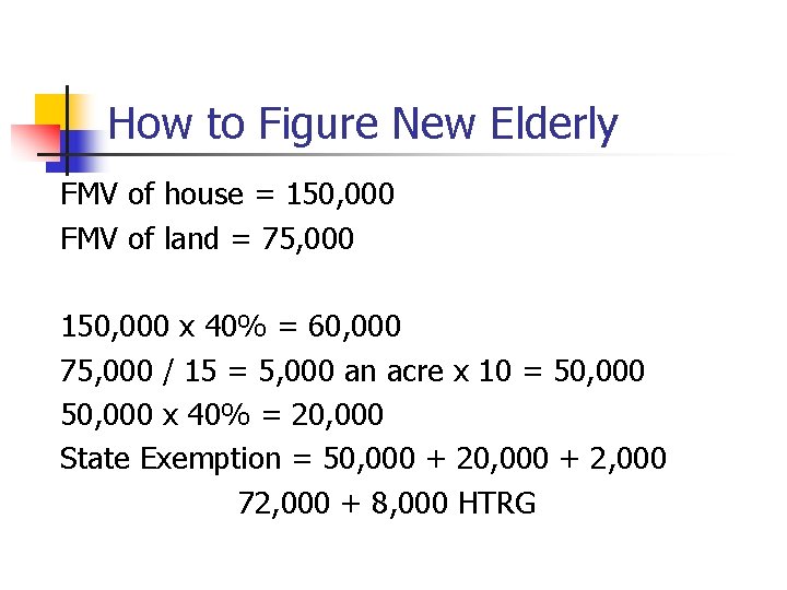 How to Figure New Elderly FMV of house = 150, 000 FMV of land