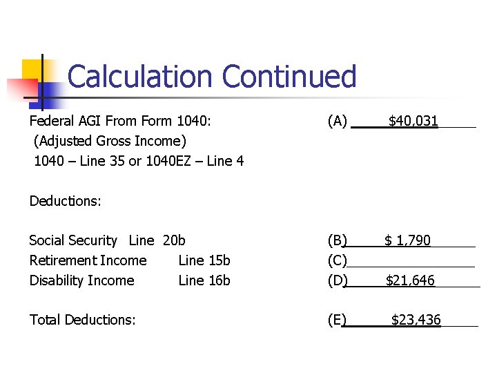 Calculation Continued Federal AGI From Form 1040: (Adjusted Gross Income) 1040 – Line 35