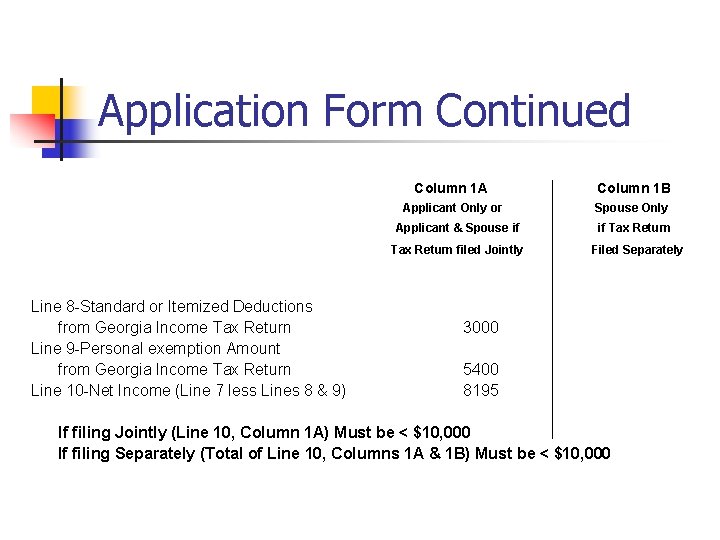 Application Form Continued Column 1 A Applicant Only or Column 1 B Spouse Only