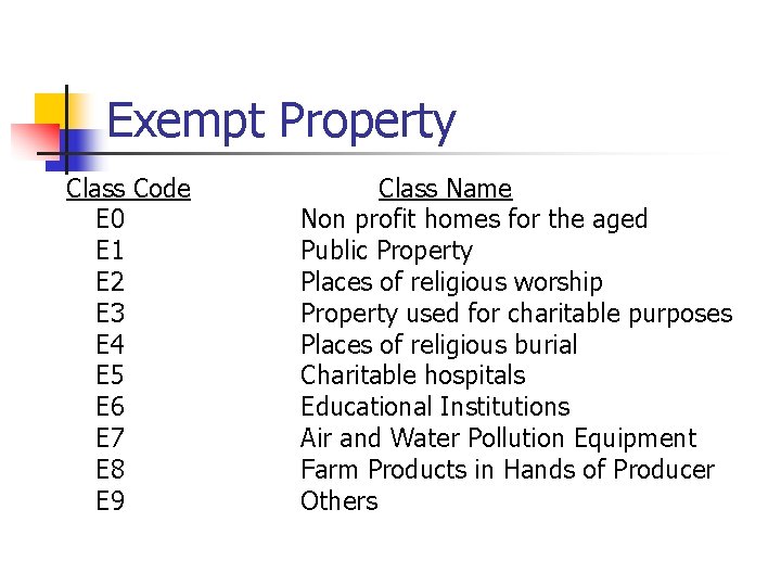 Exempt Property Class Code E 0 E 1 E 2 E 3 E 4