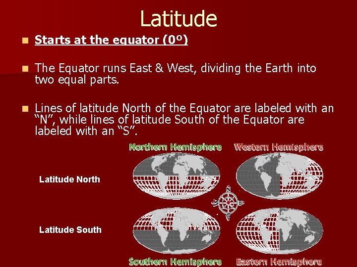 Latitude n Starts at the equator (0º) n The Equator runs East & West,