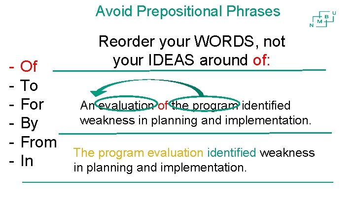 Avoid Prepositional Phrases - Of To For By From In Reorder your WORDS, not Avoid Prepositional Phrases - Of To For By From In Reorder your WORDS, not