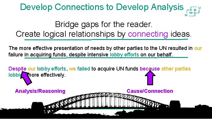 Develop Connections to Develop Analysis Bridge gaps for the reader. Create logical relationships by Develop Connections to Develop Analysis Bridge gaps for the reader. Create logical relationships by