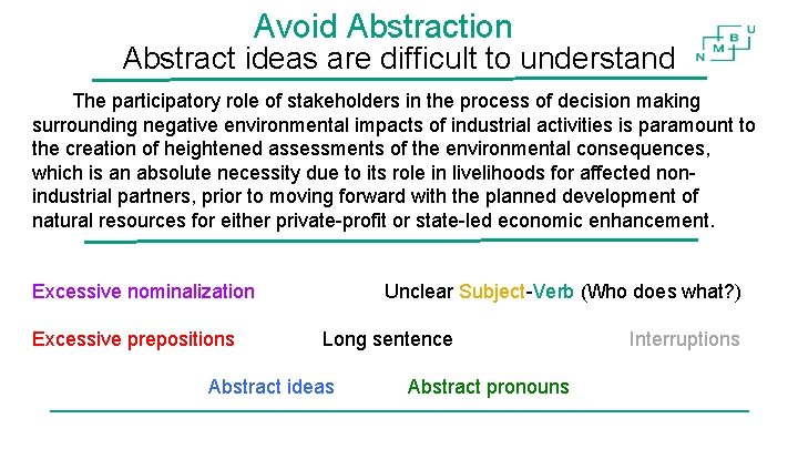 Avoid Abstraction Abstract ideas are difficult to understand The participatory role of stakeholders in Avoid Abstraction Abstract ideas are difficult to understand The participatory role of stakeholders in