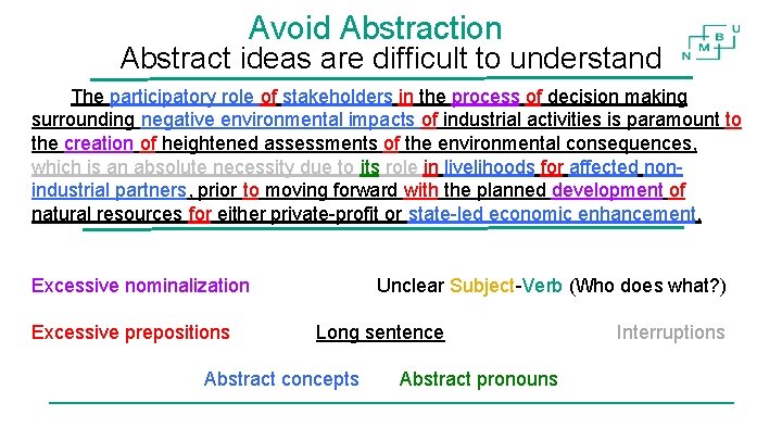 Avoid Abstraction Abstract ideas are difficult to understand The participatory role of stakeholders in Avoid Abstraction Abstract ideas are difficult to understand The participatory role of stakeholders in