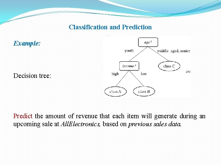 Classification and Prediction Example: Decision tree: Predict the amount of revenue that each item