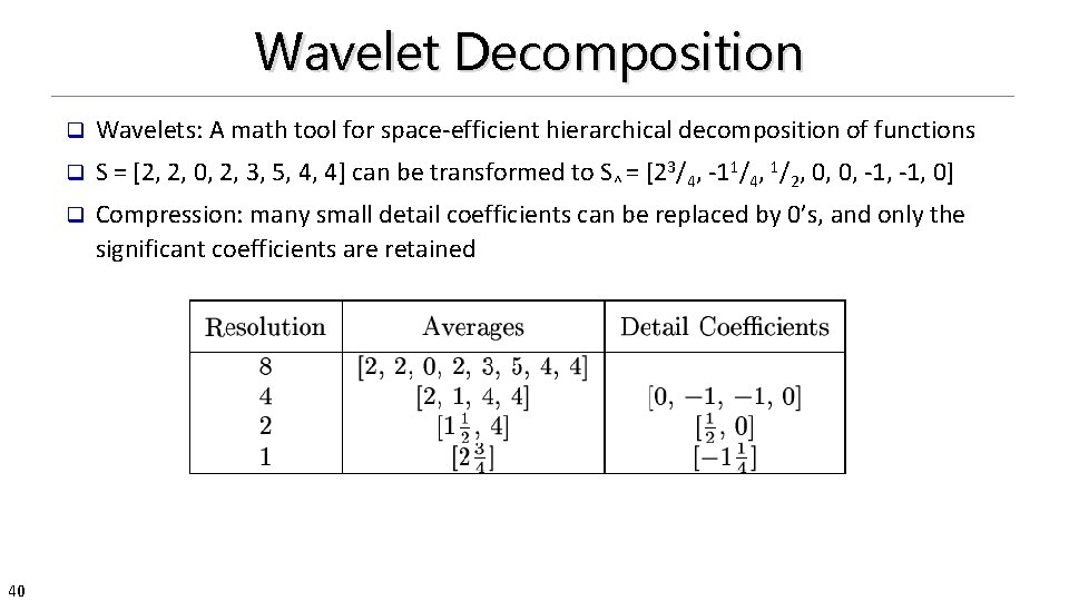 Wavelet Decomposition 40 q Wavelets: A math tool for space-efficient hierarchical decomposition of functions