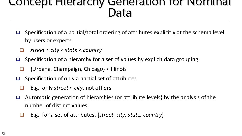 Concept Hierarchy Generation for Nominal Data q q q q 51 Specification of a
