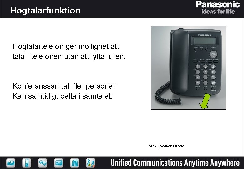 Högtalarfunktion Högtalartelefon ger möjlighet att tala I telefonen utan att lyfta luren. Konferanssamtal, fler