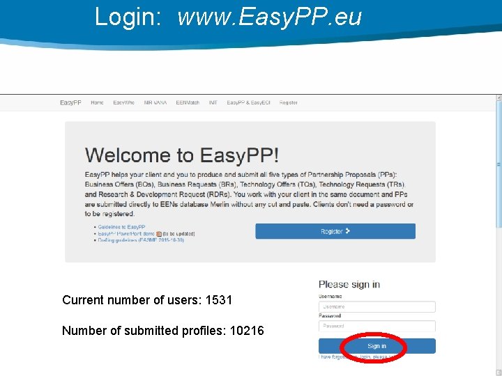 Login: www. Easy. PP. eu Current number of users: 1531 Number of submitted profiles: