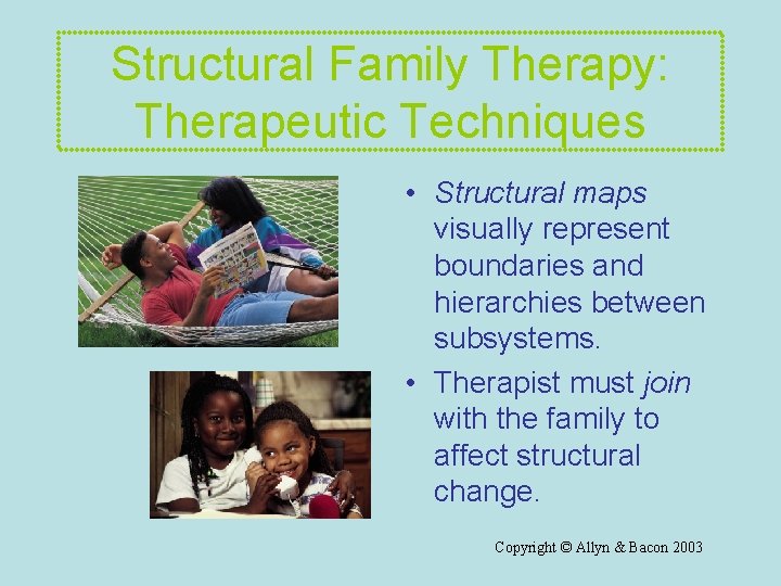 Structural Family Therapy: Therapeutic Techniques • Structural maps visually represent boundaries and hierarchies between