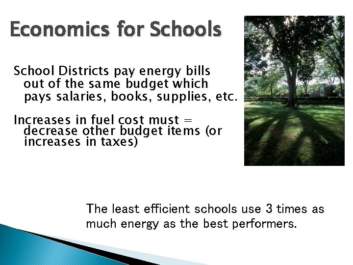 Economics for Schools School Districts pay energy bills out of the same budget which