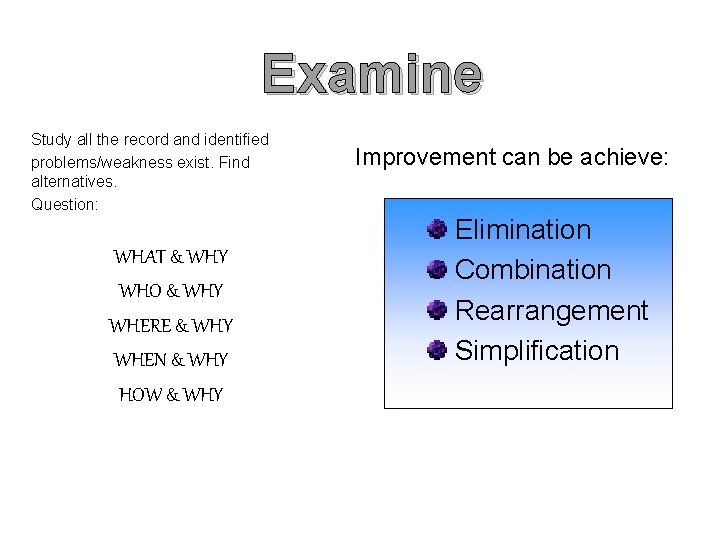 Examine Study all the record and identified problems/weakness exist. Find alternatives. Question: WHAT &