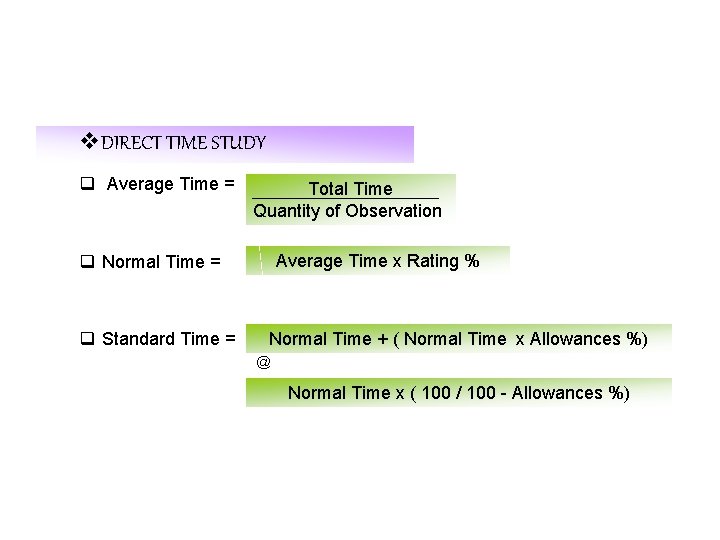 v. DIRECT TIME STUDY q Average Time = Total Time Quantity of Observation Average