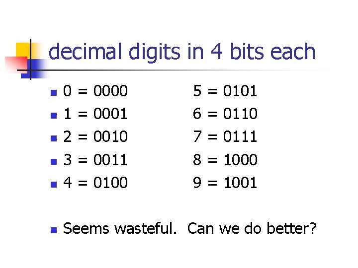 decimal digits in 4 bits each n 0 1 2 3 4 n Seems