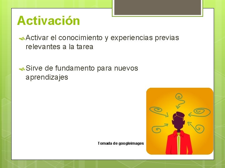 Activación Activar el conocimiento y experiencias previas relevantes a la tarea Sirve de fundamento