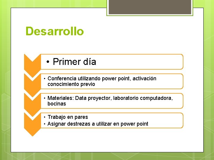 Desarrollo • Primer día • Conferencia utilizando power point, activación conocimiento previo • Materiales: