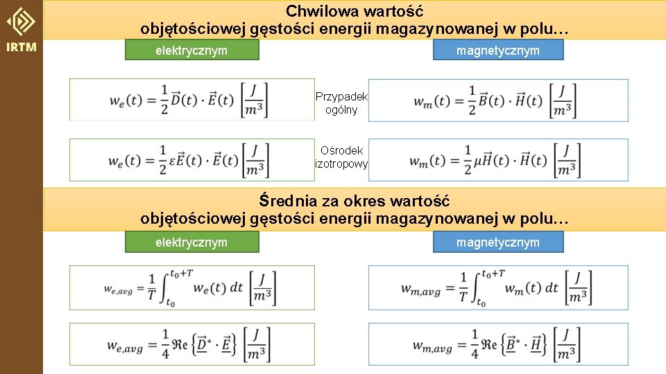 Chwilowa wartość objętościowej gęstości energii magazynowanej w polu… elektrycznym magnetycznym Przypadek ogólny Ośrodek izotropowy