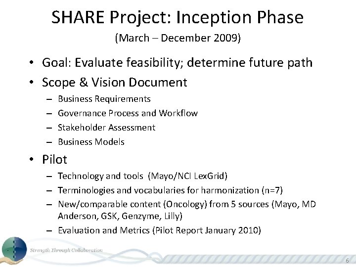 SHARE Project: Inception Phase (March – December 2009) • Goal: Evaluate feasibility; determine future