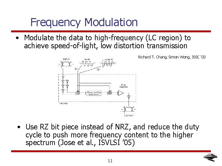 Frequency Modulation • Modulate the data to high-frequency (LC region) to achieve speed-of-light, low