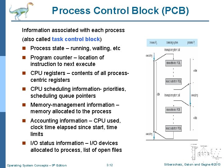 Process Control Block (PCB) Information associated with each process (also called task control block)