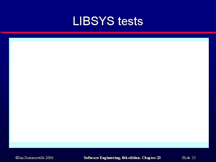 LIBSYS tests ©Ian Sommerville 2006 Software Engineering, 8 th edition. Chapter 23 Slide 35