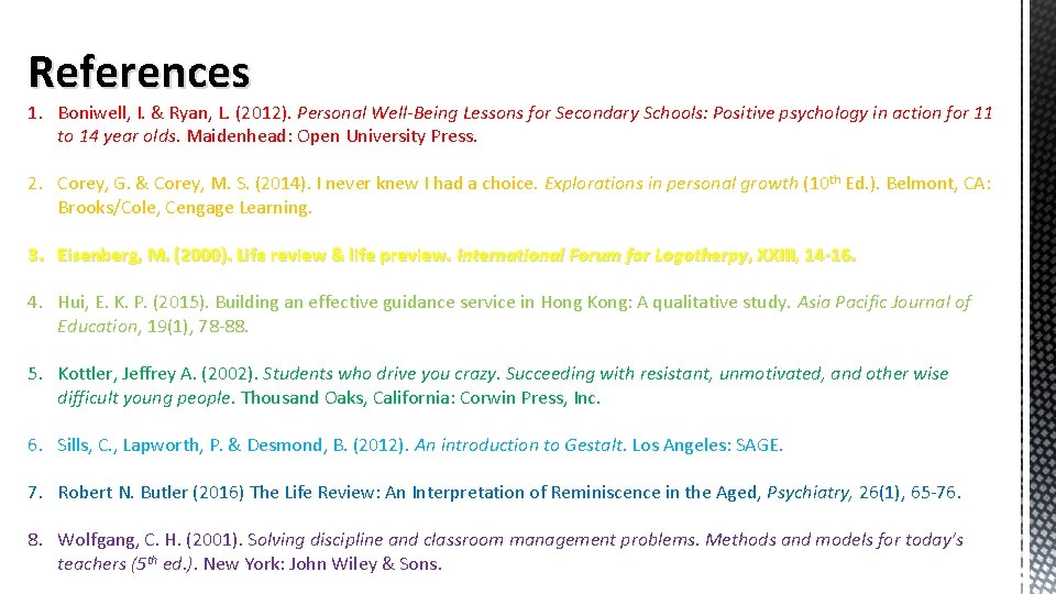 References 1. Boniwell, I. & Ryan, L. (2012). Personal Well-Being Lessons for Secondary Schools: