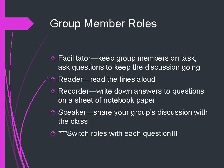 Group Member Roles Facilitator—keep group members on task, ask questions to keep the discussion Group Member Roles Facilitator—keep group members on task, ask questions to keep the discussion