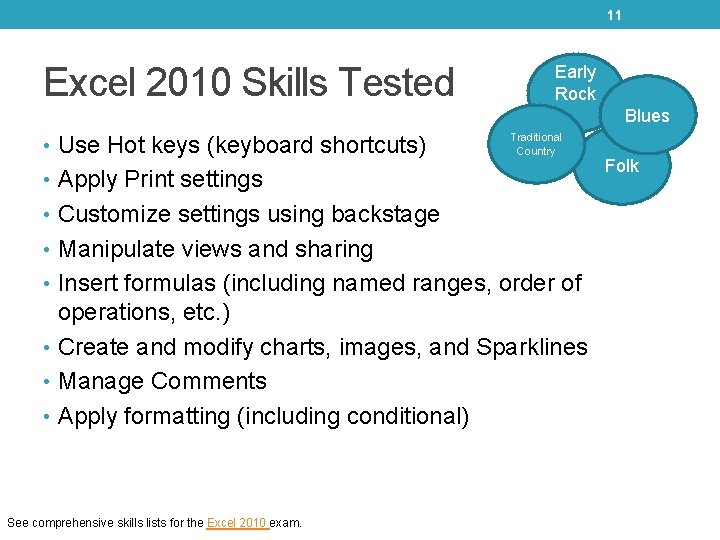 11 Excel 2010 Skills Tested Early Rock Blues • Use Hot keys (keyboard shortcuts) 11 Excel 2010 Skills Tested Early Rock Blues • Use Hot keys (keyboard shortcuts)