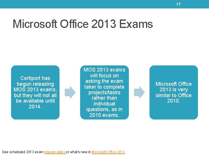 17 Microsoft Office 2013 Exams Certiport has begun releasing MOS 2013 exams, but they 17 Microsoft Office 2013 Exams Certiport has begun releasing MOS 2013 exams, but they