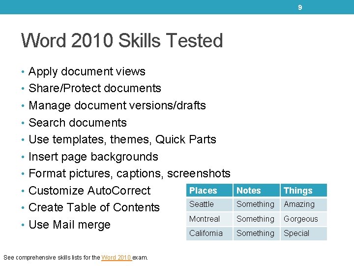 9 Word 2010 Skills Tested • Apply document views • Share/Protect documents • Manage 9 Word 2010 Skills Tested • Apply document views • Share/Protect documents • Manage