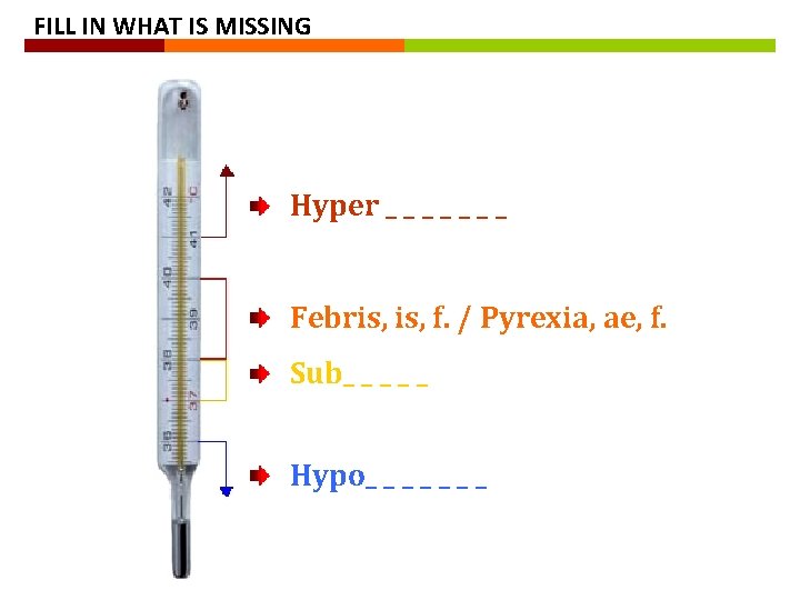 FILL IN WHAT IS MISSING Hyper _ _ _ _ Febris, f. / Pyrexia,