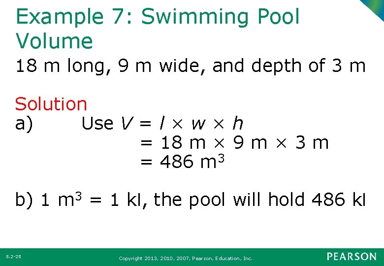 Example 7: Swimming Pool Volume 18 m long, 9 m wide, and depth of