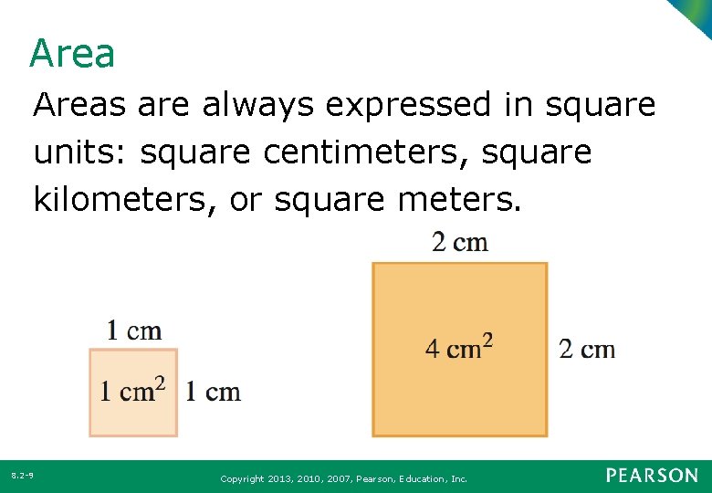 Areas are always expressed in square units: square centimeters, square kilometers, or square meters.