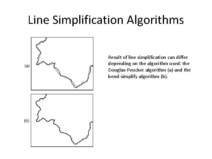 Line Simplification Algorithms Result of line simplification can differ depending on the algorithm used: Line Simplification Algorithms Result of line simplification can differ depending on the algorithm used: