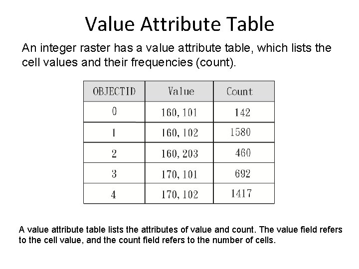 Value Attribute Table An integer raster has a value attribute table, which lists the Value Attribute Table An integer raster has a value attribute table, which lists the