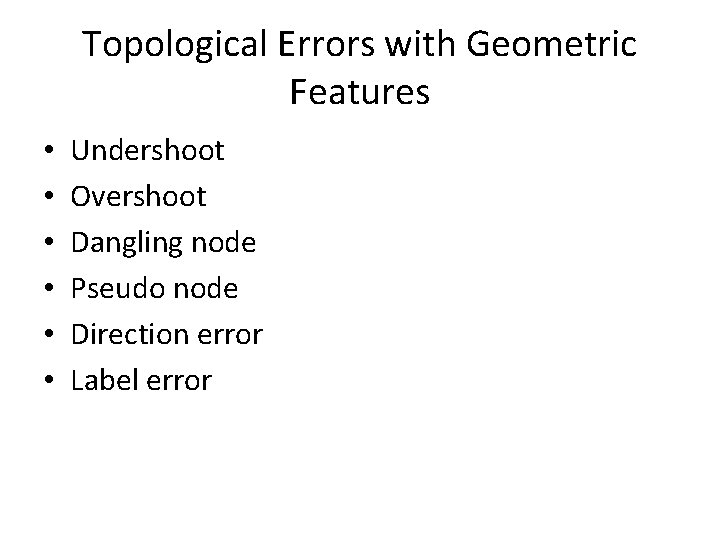 Topological Errors with Geometric Features • • • Undershoot Overshoot Dangling node Pseudo node Topological Errors with Geometric Features • • • Undershoot Overshoot Dangling node Pseudo node