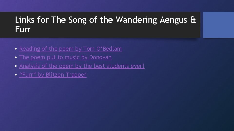 Links for The Song of the Wandering Aengus & Furr • • Reading of