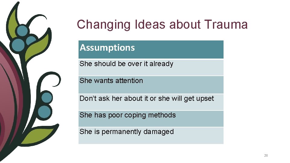 Changing Ideas about Trauma Assumptions She should be over it already She wants attention