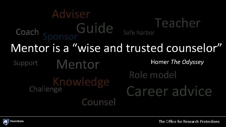 Adviser Coach Guide Sponsor Teacher Safe harbor Mentor is a “wise and trusted counselor”