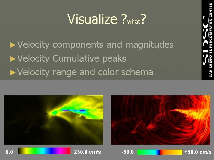 Visualize ? what? ► Velocity components and magnitudes ► Velocity Cumulative peaks ► Velocity Visualize ? what? ► Velocity components and magnitudes ► Velocity Cumulative peaks ► Velocity